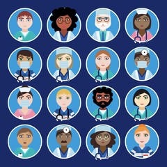 Avatar icons of medical workers of different nationalities around the world. Vector flat design illustration.