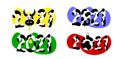 2021 Happy New Year text children design.   Spotted numbers like black and white cow pattern. Symbol winter holiday in kids flat style. 
