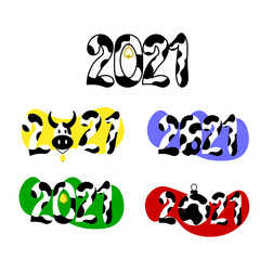2021 Happy New Year text children design.   Spotted numbers like black and white cow pattern. Symbol winter holiday in kids flat style. 