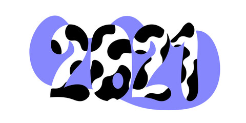 2021 Happy New Year text children design.   Spotted numbers like black and white cow pattern. Symbol winter holiday in kids flat style. 