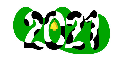 2021 Happy New Year text children design.   Spotted numbers like black and white cow pattern. Symbol winter holiday in kids flat style. 