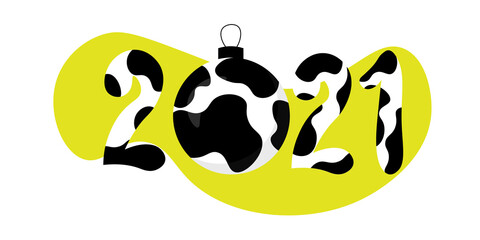 2021 Happy New Year text children design.   Spotted numbers like black and white cow pattern. Symbol winter holiday in kids flat style. 