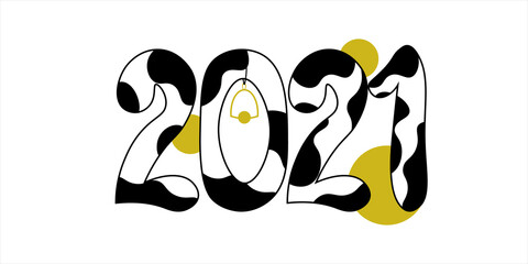2021 Happy New Year text children design.   Spotted numbers like black and white cow pattern. Symbol winter holiday in kids flat style. 