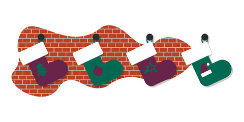 Christmas stocking on brick wall background. Violet and green happy new year socks hang on fireplace. Cute holiday illustration in flat style