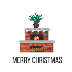 Christmas decorated fireplace area. Сozy interior with Christmas tree branches and New Year's socks. Cute holiday illustration in flat style.