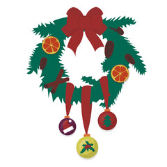 Christmas and  New Year elements. Wreath with eco decoration dried oranges slice and cinnamon. Cute illustration in flat style