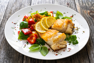 Fish dish - fried cod fillet with fried vegetables and lemon served on wooden table