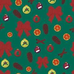 Seamless pattern of christmas tree decoration. Bow, orange slice, balls and bumps on green background. Cute illustration in flat style