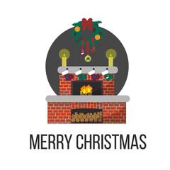 Christmas decorated fireplace area. Сozy interior with Christmas tree branches and New Year's socks. Cute holiday illustration in flat style.