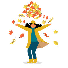 Autumn outdoor character. Young women play with falling leaves. Happy girl throw up yellow and orange leaves. Cute illustration in flat style.