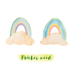 Watercolor illustration set with rainbow and clouds. Drawn by hand with watercolors and is suitable for all types of design and printing.