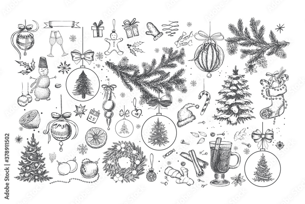 Wall mural Christmas pattern in sketch style. Hand drawn illustration.	