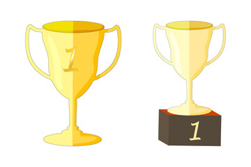 Trophy cup isolated on white background. Set of golden goblet, winners cup for sport event or competition celebration, game price, champion victory congratulations. Icon for award. Vector illustration