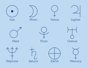 Astrological planet symbols. Ruling planets for zodiac signs in vector. Lined elements of Sun Earth Moon Pluto Mars Venus Saturn Neptune Mercury Jupiter and Uranus © ana_bear