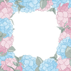 A square frame of blue and pink hartensia bushes. Pastel decoration with flowers, leaves for photos, awesome and decor