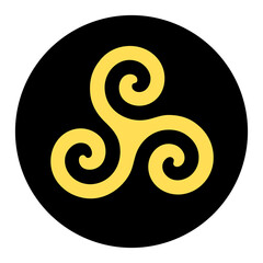 Yellow triskelion symbol icon in a black circle 