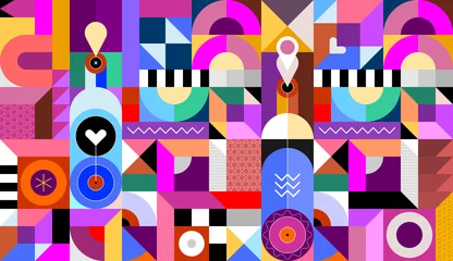 Fototapeten Abstraktes modernes Design von zwei Weinflaschen und farbigen geometrischen Formen. Geometriekunst-Vektorillustration, nahtloser Hintergrund. ©  danjazzia