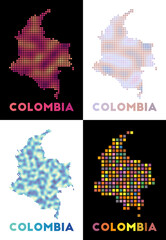 Colombia map. Collection of map of Colombia in dotted style. Borders of the country filled with rectangles for your design. Vector illustration.