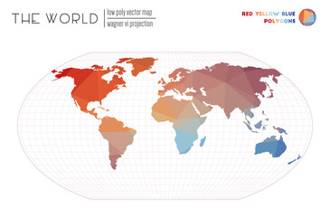Vector map of the world. Wagner VI projection of the world. Red Yellow Blue colored polygons. Stylish vector illustration.