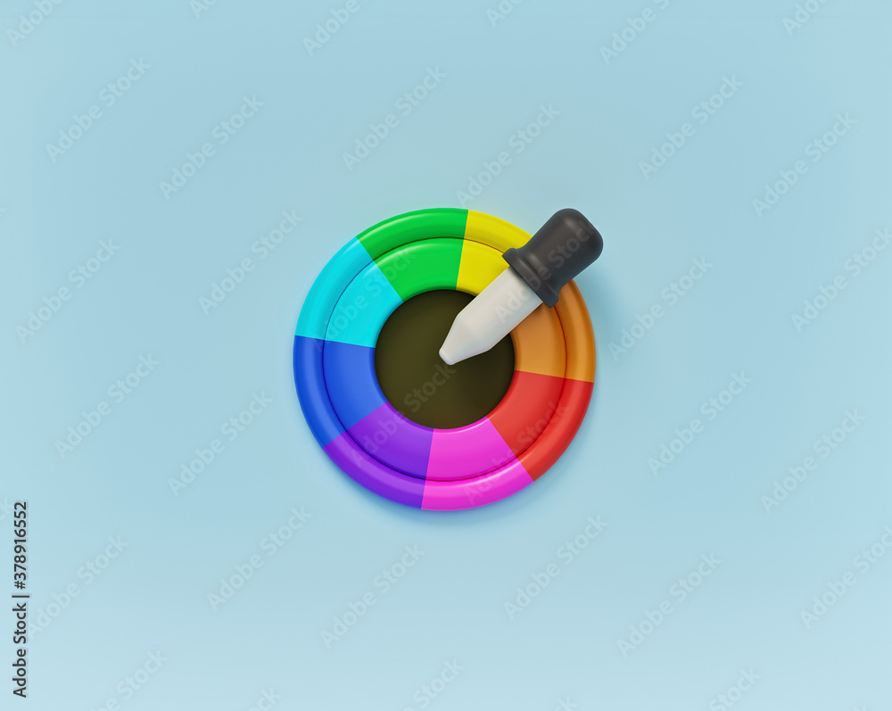 Poster minimal style color picker and circular color wheel icon, symbol. 3d rendering