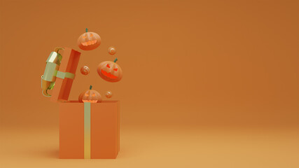 Happy Halloween, Concept open gift box and pumpkin ghost with  orange tone background. 3d rendering