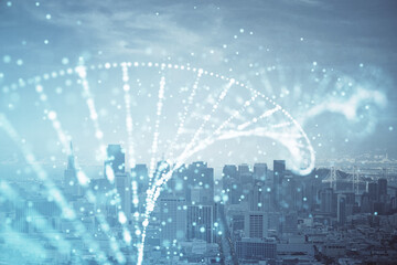 Double exposure of DNA drawing and cityscape background. Concept of education.