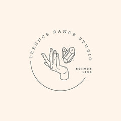 Hands set in simple flat esoteric boho style. Feminine hand logo collection with different symbol like space star planet, floral herb, moon and sun, heart love, eye, fire, drop. Vector illustration.
