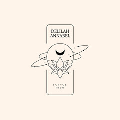 Hands set in simple flat esoteric boho style. Feminine hand logo collection with different symbol like space star planet, floral herb, moon and sun, heart love, eye, fire, drop. Vector illustration.