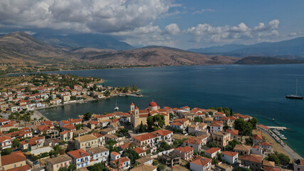 Aerial drone photo of beautiful picturesque and historic seaside village of Galaxidi, Fokida, Greece