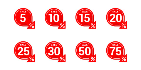 Vector tags for sales in wobbler and arrow down firm with different percentage - 5, 10, 15, 20, 25, 30 50 and 75