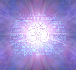 Words associated with the sound of the Universe OM - pink purple lilac background with a white OM symbol in the centre and white star light expanding outwards 
