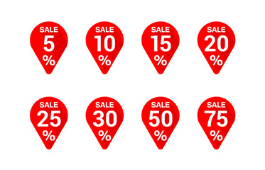 Vector tags for sales in wobbler and arrow down firm with different percentage - 5, 10, 15, 20, 25, 30 50 and 75