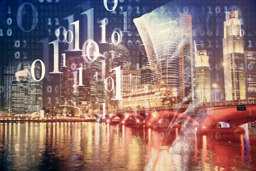 Data theme hologram drawing on city view with skyscrapers background multi exposure. Ai concept.