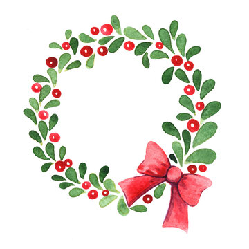 Abstract green leaves and red berry wreath with red bow ribbon watercolor hand painting for decoration on Christmas holiday events.