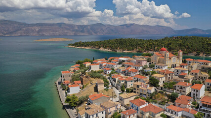 Naklejka na ściany i meble Aerial drone photo of beautiful picturesque and historic seaside village of Galaxidi, Fokida, Greece