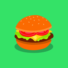 Colorful, bright Hamburger, stock vector illustration isolated on white background. Graphic detailed clipart with bun, cheese, tomatoes, salad. For promotion, advertising, menu.