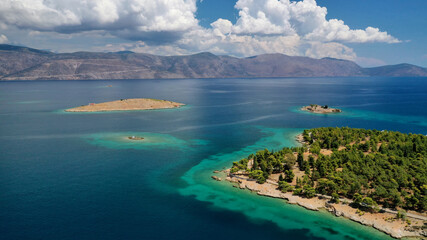 Aerial drone photo of famous seaside area and forest of Kentri in picturesque village and port of Galaxidi, Fokida, Greece