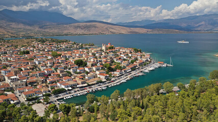 Fototapeta premium Aerial drone photo of beautiful picturesque and historic seaside village of Galaxidi, Fokida, Greece