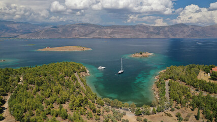 Obraz premium Aerial drone photo of famous seaside area and forest of Kentri in picturesque village and port of Galaxidi, Fokida, Greece
