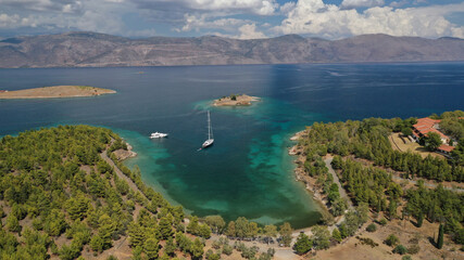 Fototapeta na wymiar Aerial drone photo of famous seaside area and forest of Kentri in picturesque village and port of Galaxidi, Fokida, Greece