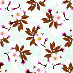 Branch of a cherry blossom floral pattern on light blue abstract background. Sakura flowers seamless texture. Vector