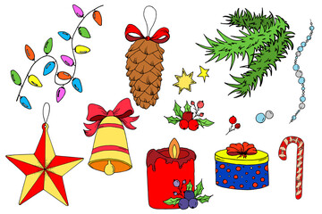 Set of Christmas tree toys and home decorations. Vector Christmas garland, star, pine cone, bell, pearl garland, candle, gift box. Christmas tree decorative element. Seample doodle illustration