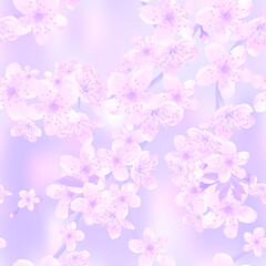 Seamless background pattern of blossoming branches of Japanese cherry on color abstract background. Pink Sakura floral seamless texture, EPS 10 vector file