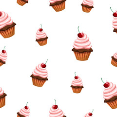 Seamless pattern with various cupcakes on a white background. Sweet pastries are decorated with cherries.