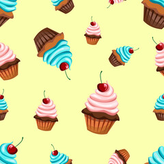 Seamless pattern with various cupcakes on a yellow background. Sweet pastries are decorated with cherries.