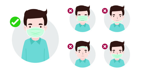 Wearing the correct and wrong surgical mask. Protection from virus, COVID-19, urban air pollution, smog, dust, vapor, pollutant gas emission - vector illustration
