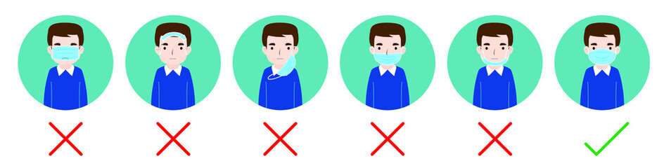 Wearing the correct and wrong surgical mask. Protection from virus, COVID-19, urban air pollution, smog, dust, vapor, pollutant gas emission - vector illustration