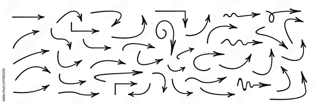 Wall mural set of vector curved arrows hand drawn. sketch doodle style. collection of pointers.