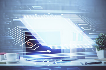 Naklejka premium Double exposure of desktop with personal computer on background and tech theme drawing. Concept of data analysis.