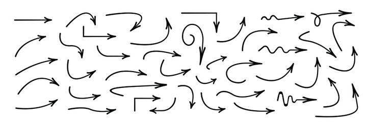 Set of vector curved arrows hand drawn. Sketch doodle style. Collection of pointers.